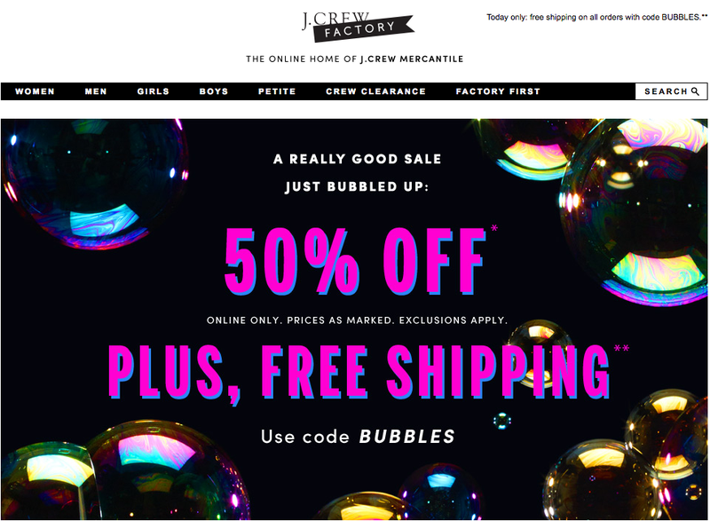 J.Crew Factory, 50% off plus free shipping with code BUBBLES